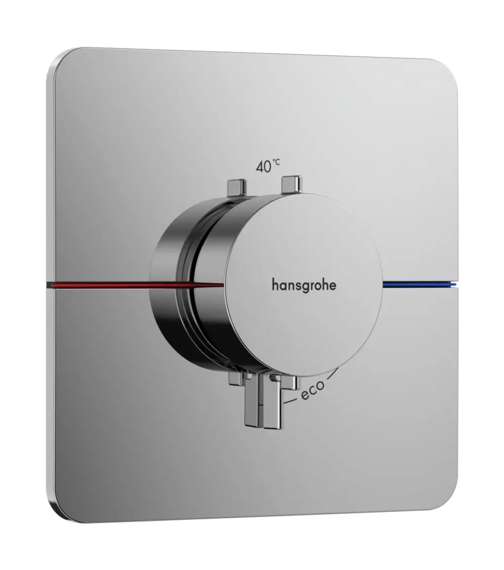 Thermostat für die Dusche mit einem runden Drehknopf und Temperaturmarkierungen. Die Marke Hansgrohe ist auf der Vorderseite sichtbar. Farbige Akzente repräsentieren warmes und kaltes Wasser.